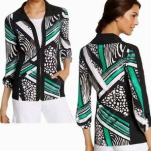 Chicos Zenergy Zebra Neema Vivid Stripes Jacket Size Large 3/4 Sleeve Boxy